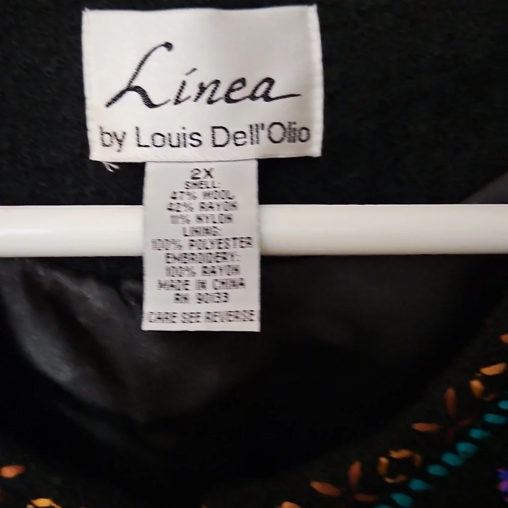 Linea By Louis Dell'Olio Black Wool Blend Long Coat Colorful Floral Sz 2X - Picture 3 of 8